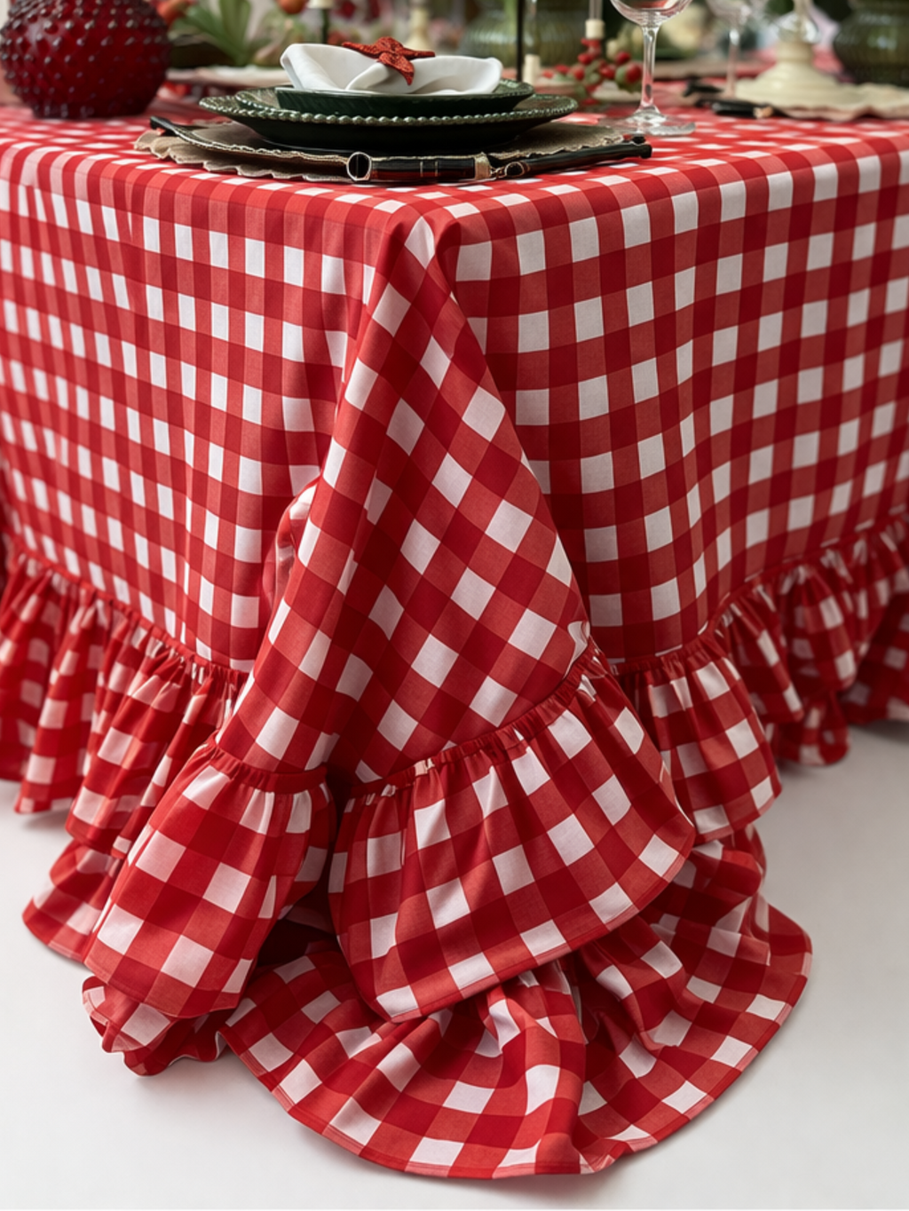 Handbedruckte Baumwolltischdecke Rot mit Rüschen