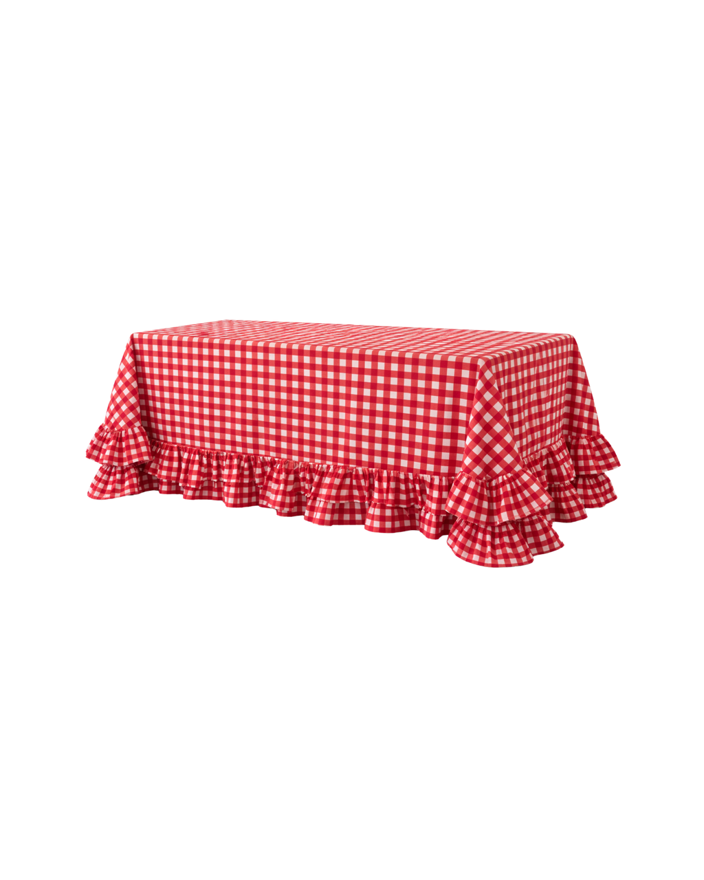 Handbedruckte Baumwolltischdecke Rot mit Rüschen