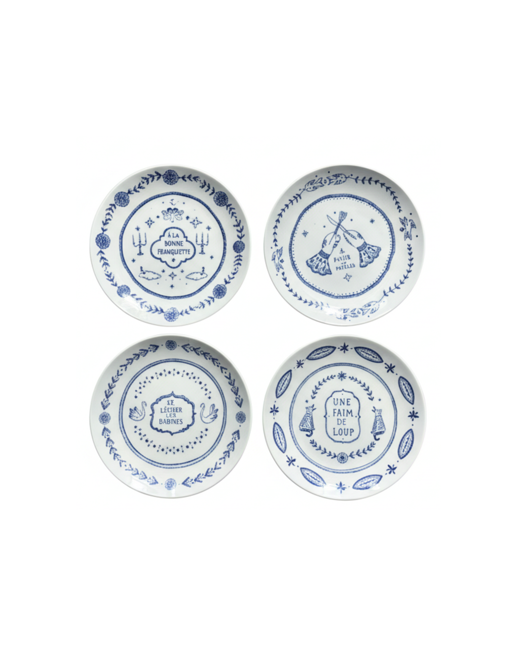 Dessertteller mit französischen Sprüchen Blau, 4er-Set