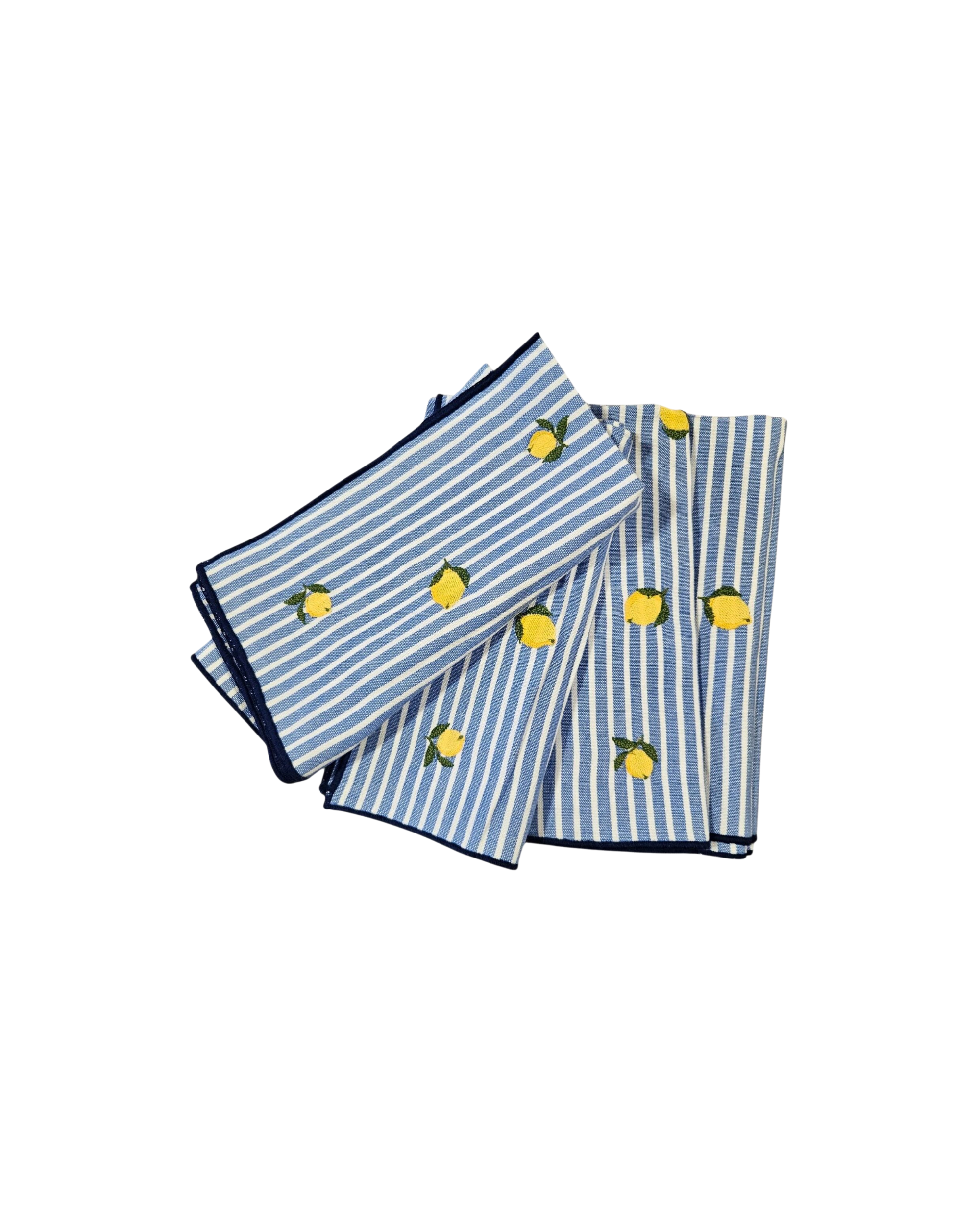 Handbestickte Stoffservietten Zitrone Blau-Weiß, 4er Set
