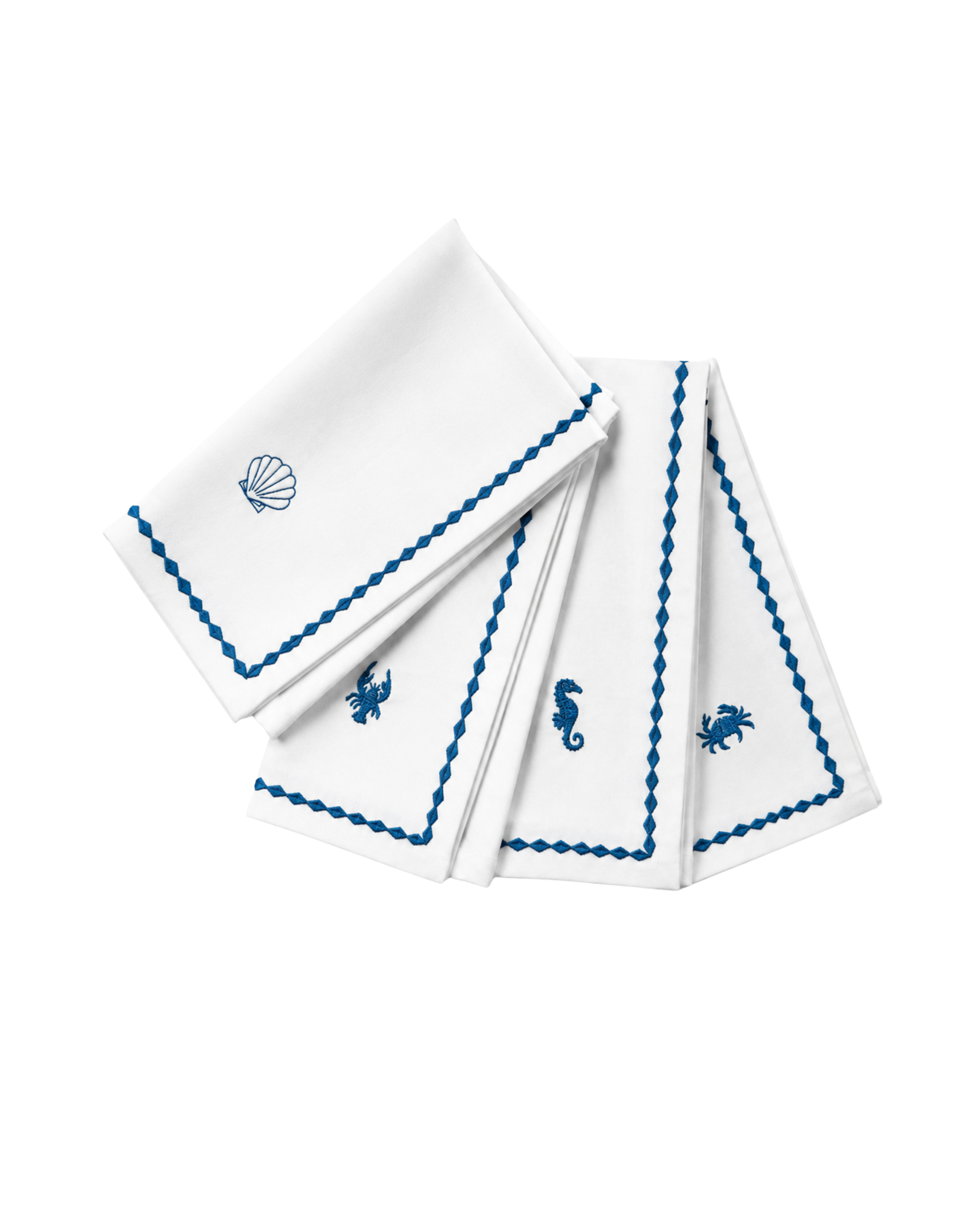 Handbestickte Stoffservietten Meeresmotiv Blau, 4er Set