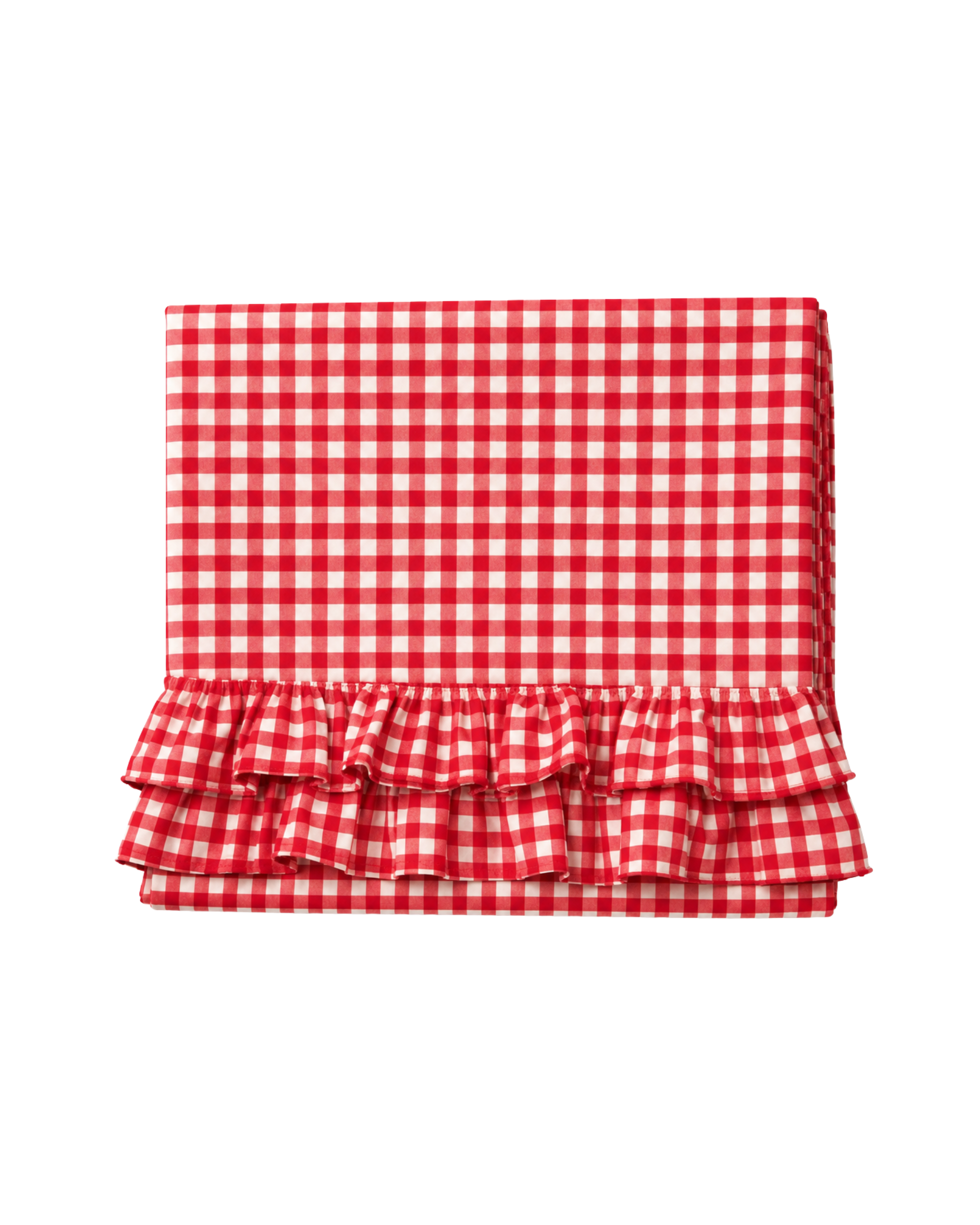 Handbedruckte Baumwolltischdecke Rot mit Rüschen