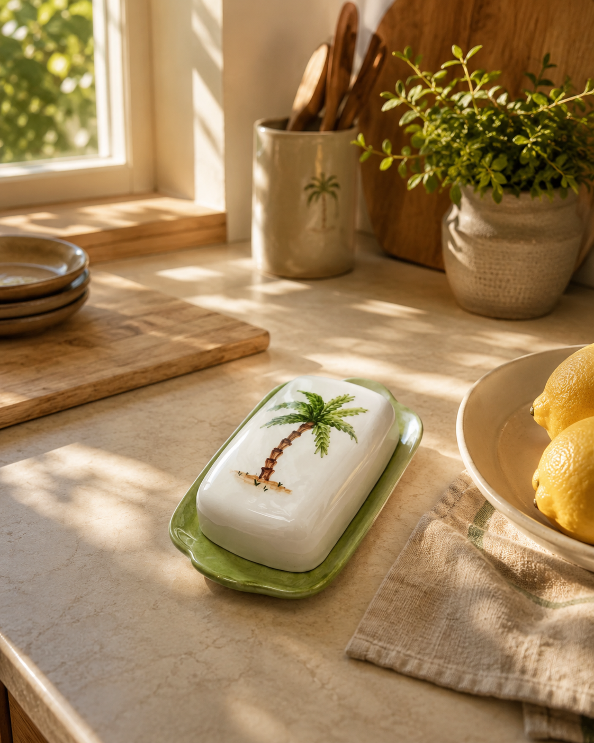 Handbemalte Keramik Butterdose Palme