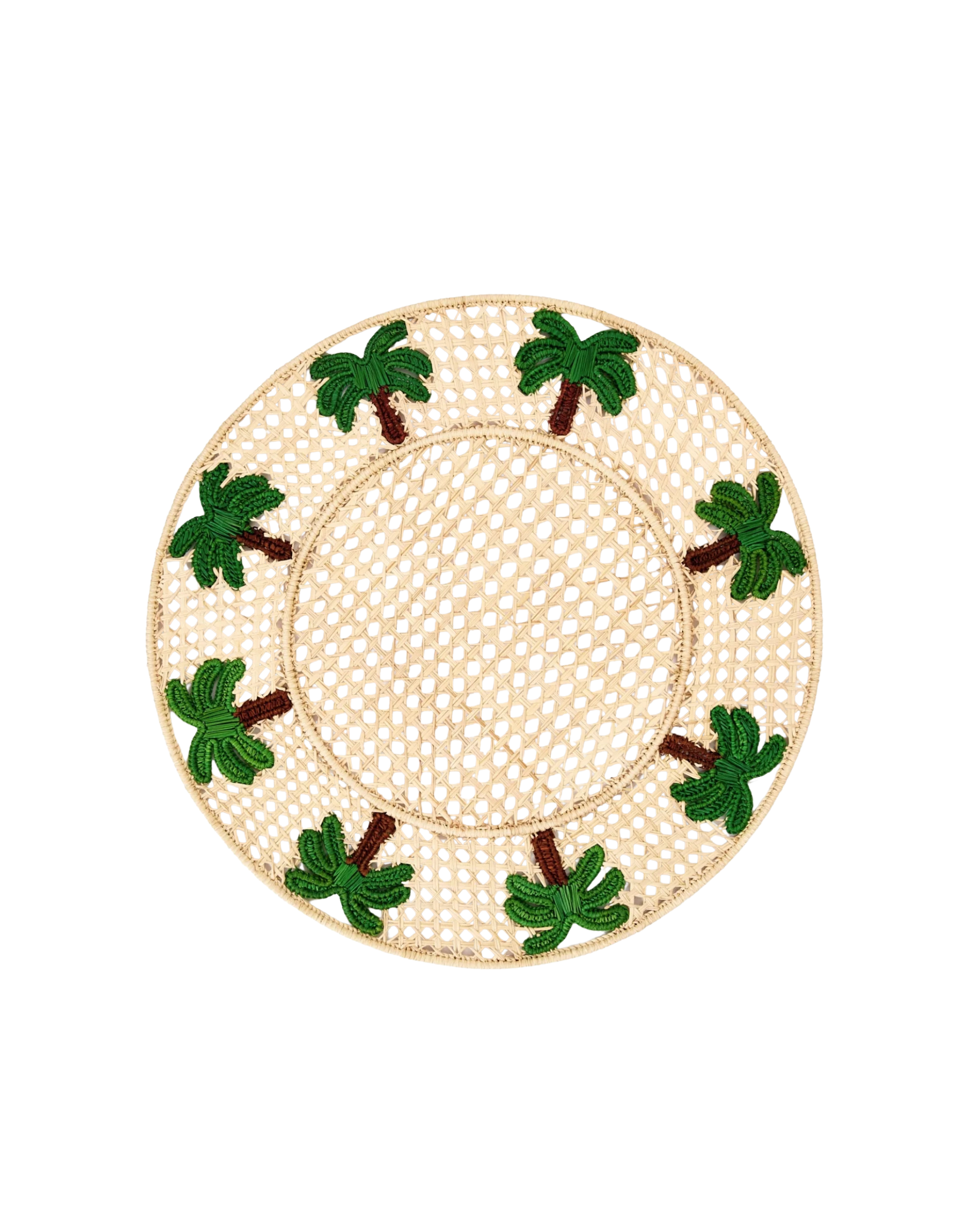 Rundes Tischset im Wiener-Geflecht-Design aus Naturgeflecht mit aufwendig gestickten grünen Palmen für eine sommerliche Tischdeko.