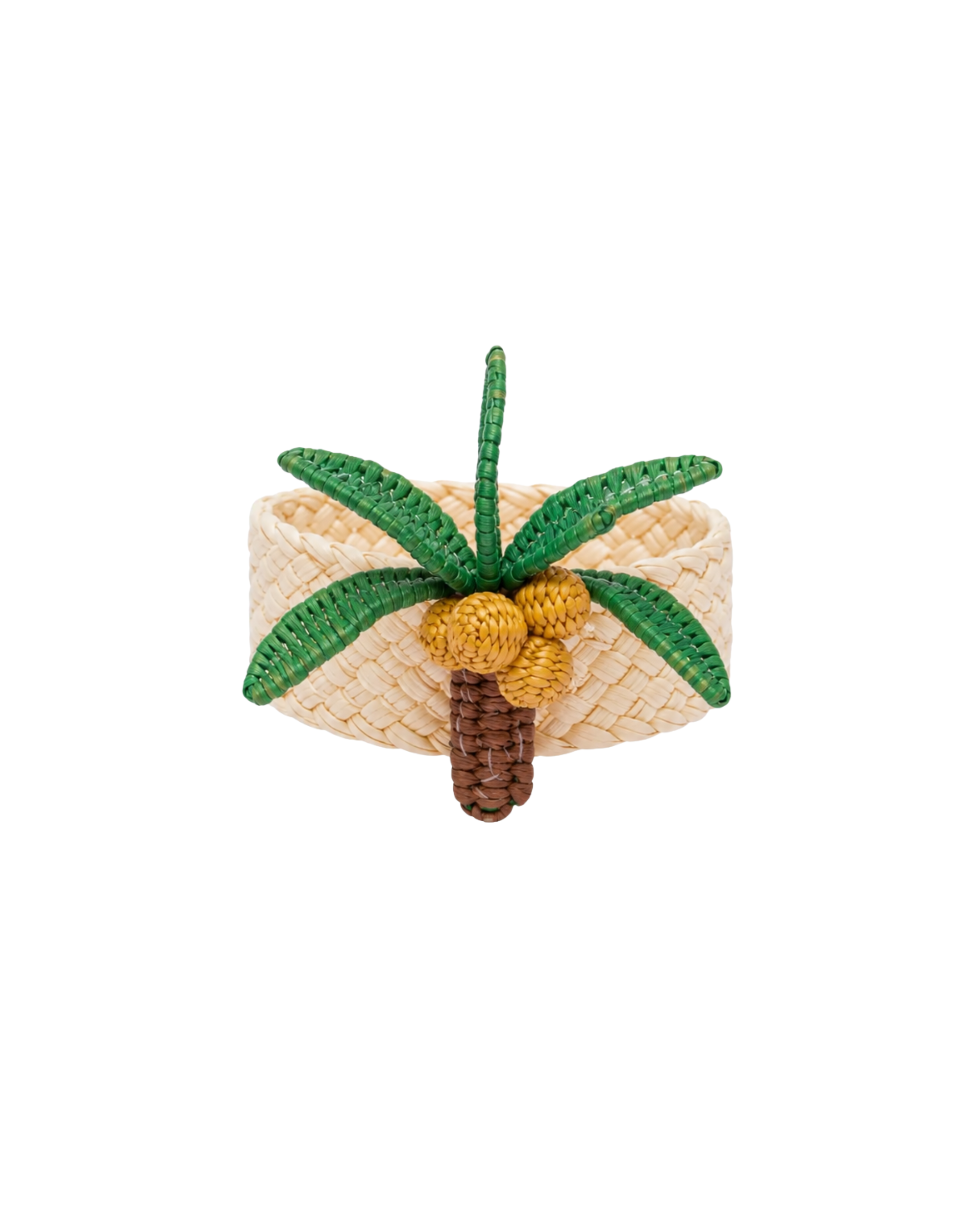 Handgewebter Serviettenring aus natürlicher Iraca-Palme mit dreidimensionalem Palmen-Motiv für die sommerliche Tischdeko.