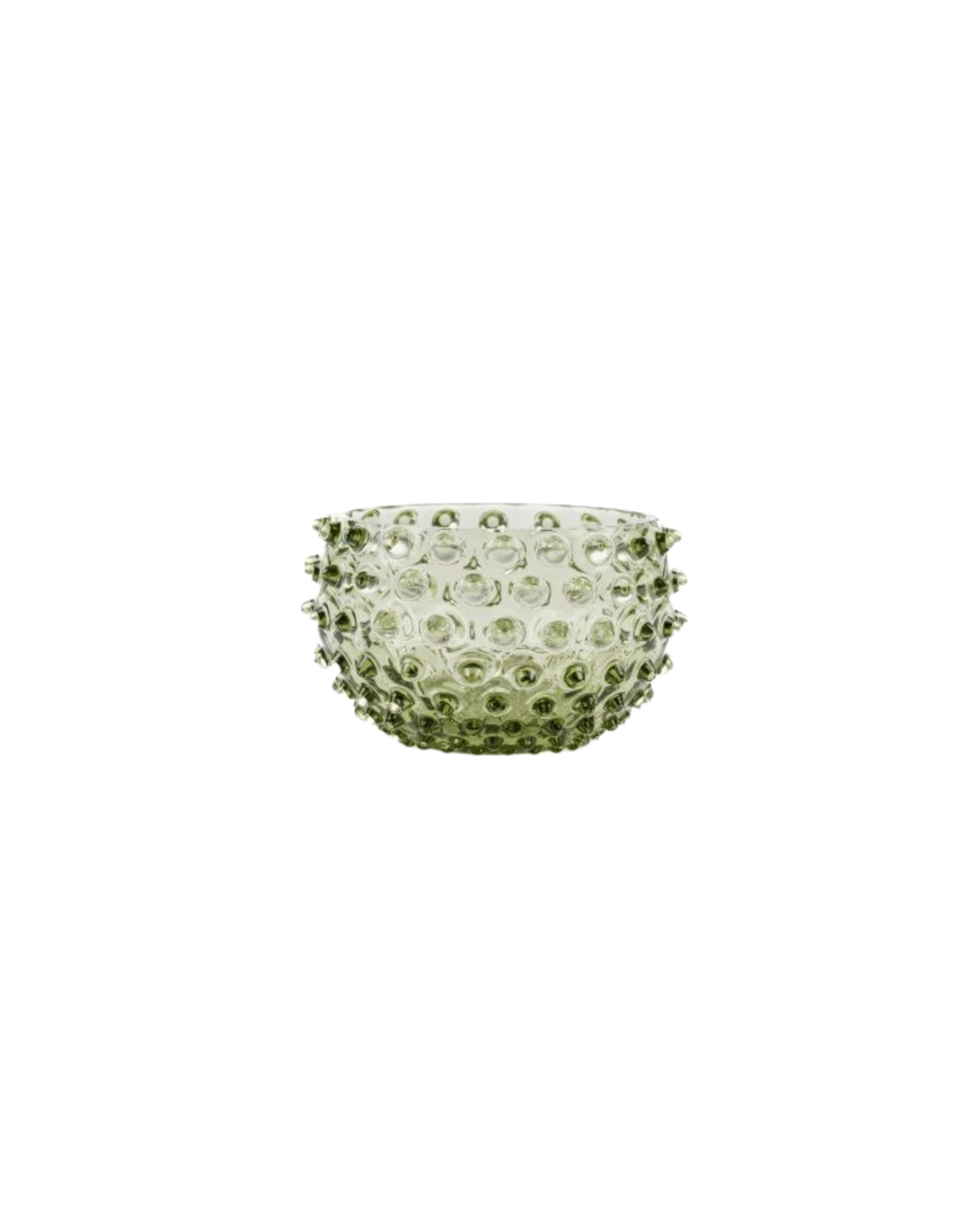 Mundgeblasene Hobnail Tapas Bowl aus Kristallglas in Olive Green mit traditioneller Noppen-Struktur.