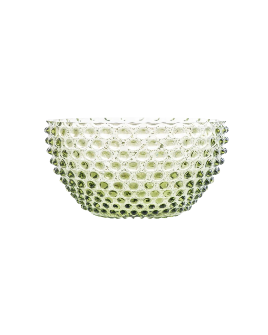 Große mundgeblasene Kristallglas Schüssel „Hobnail“ (24 cm) in Olive Green mit markanter, traditioneller Noppenstruktur.