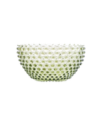 Große mundgeblasene Kristallglas Schüssel „Hobnail“ (24 cm) in Olive Green mit markanter, traditioneller Noppenstruktur.