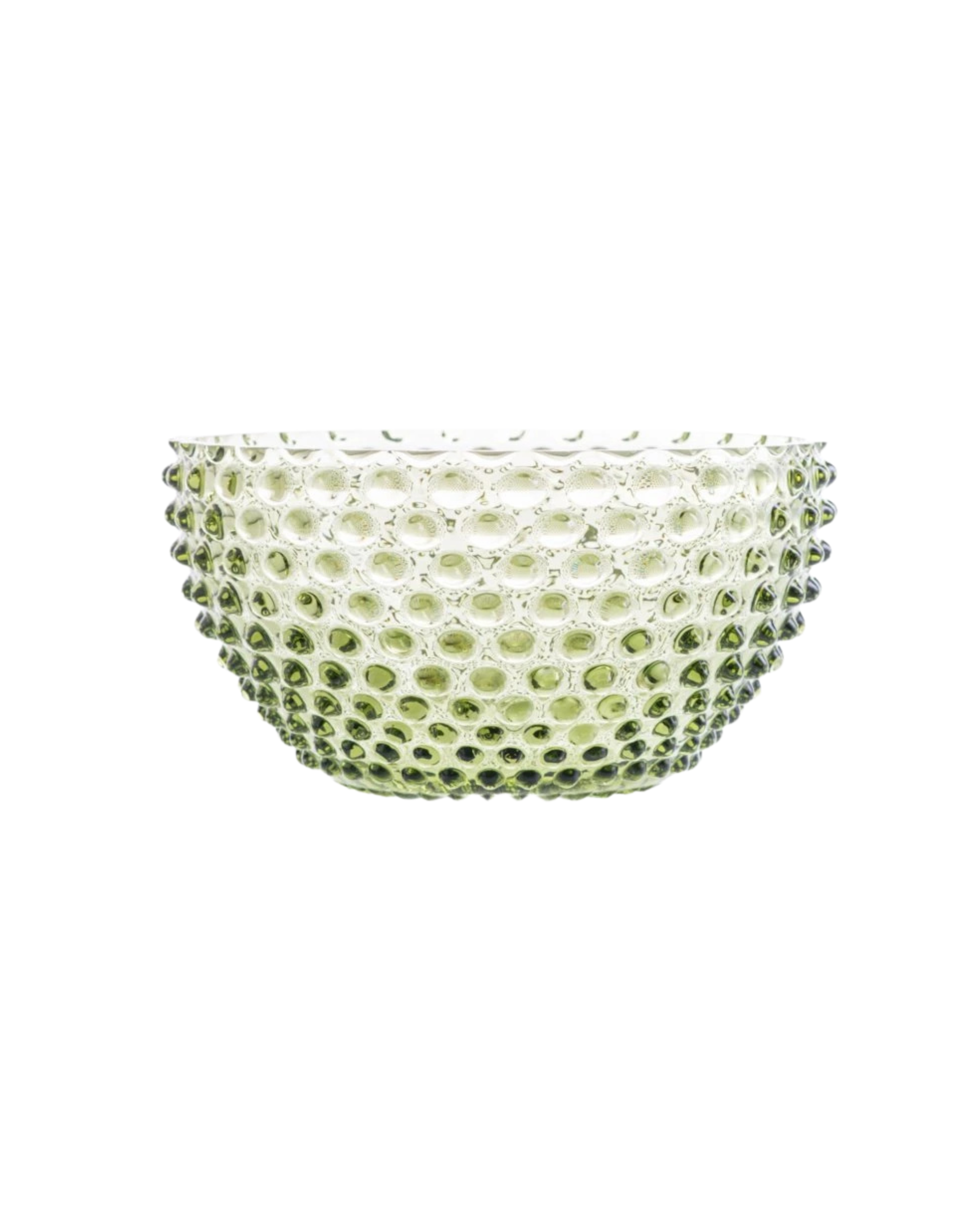 Große mundgeblasene Kristallglas Schüssel „Hobnail“ (24 cm) in Olive Green mit markanter, traditioneller Noppenstruktur.