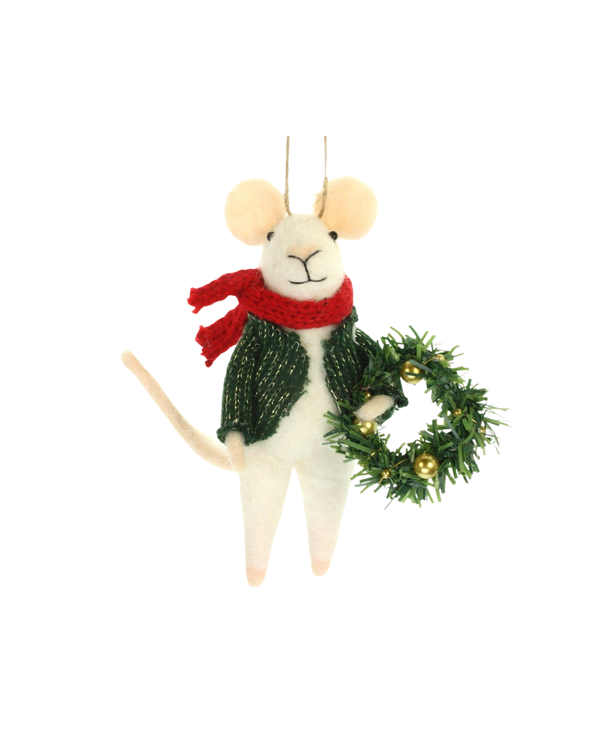 Christbaumschmuck Filzmaus im Mantel mit Kranz Grün