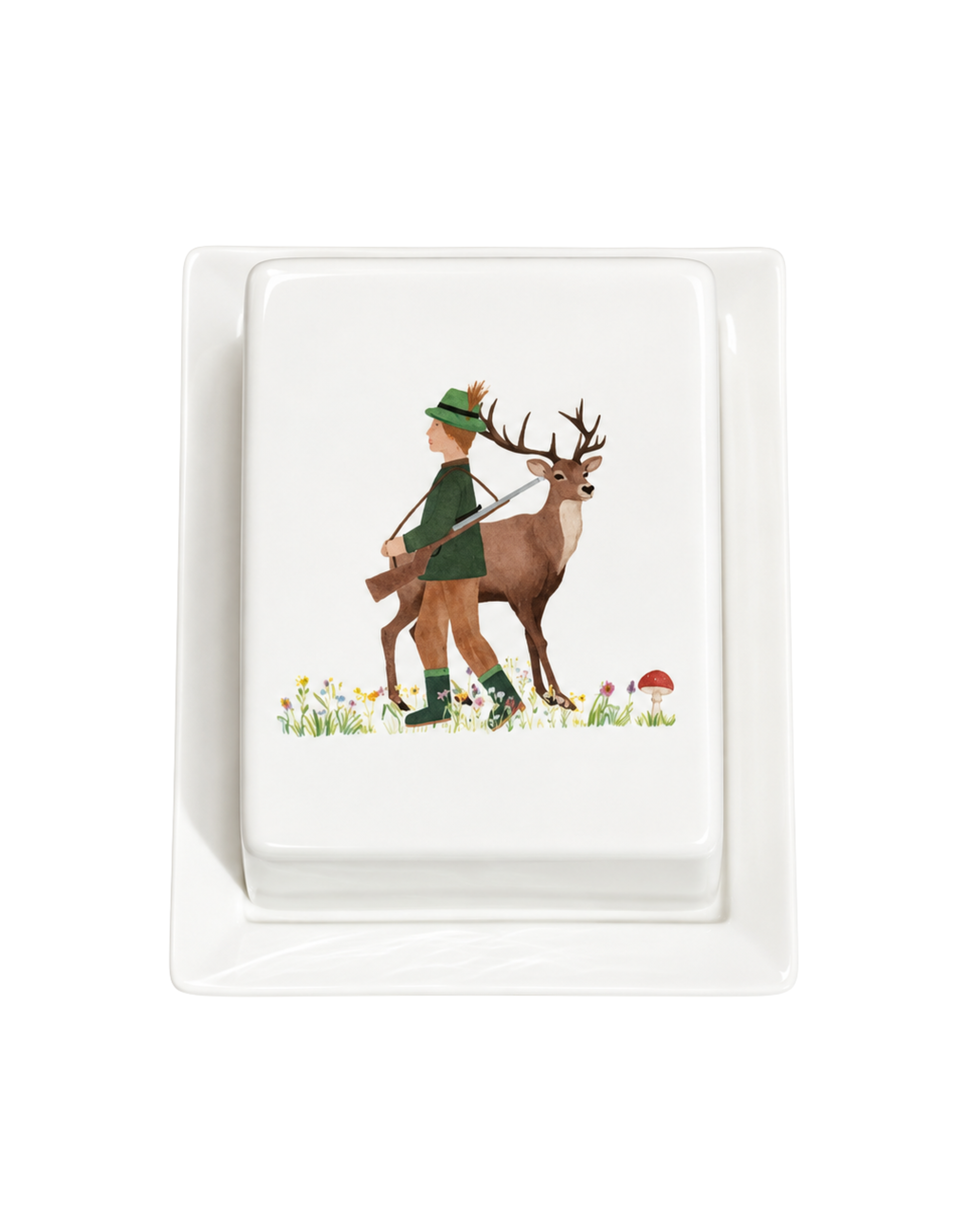 Butterdose Jäger mit Hirsch Porzellan
