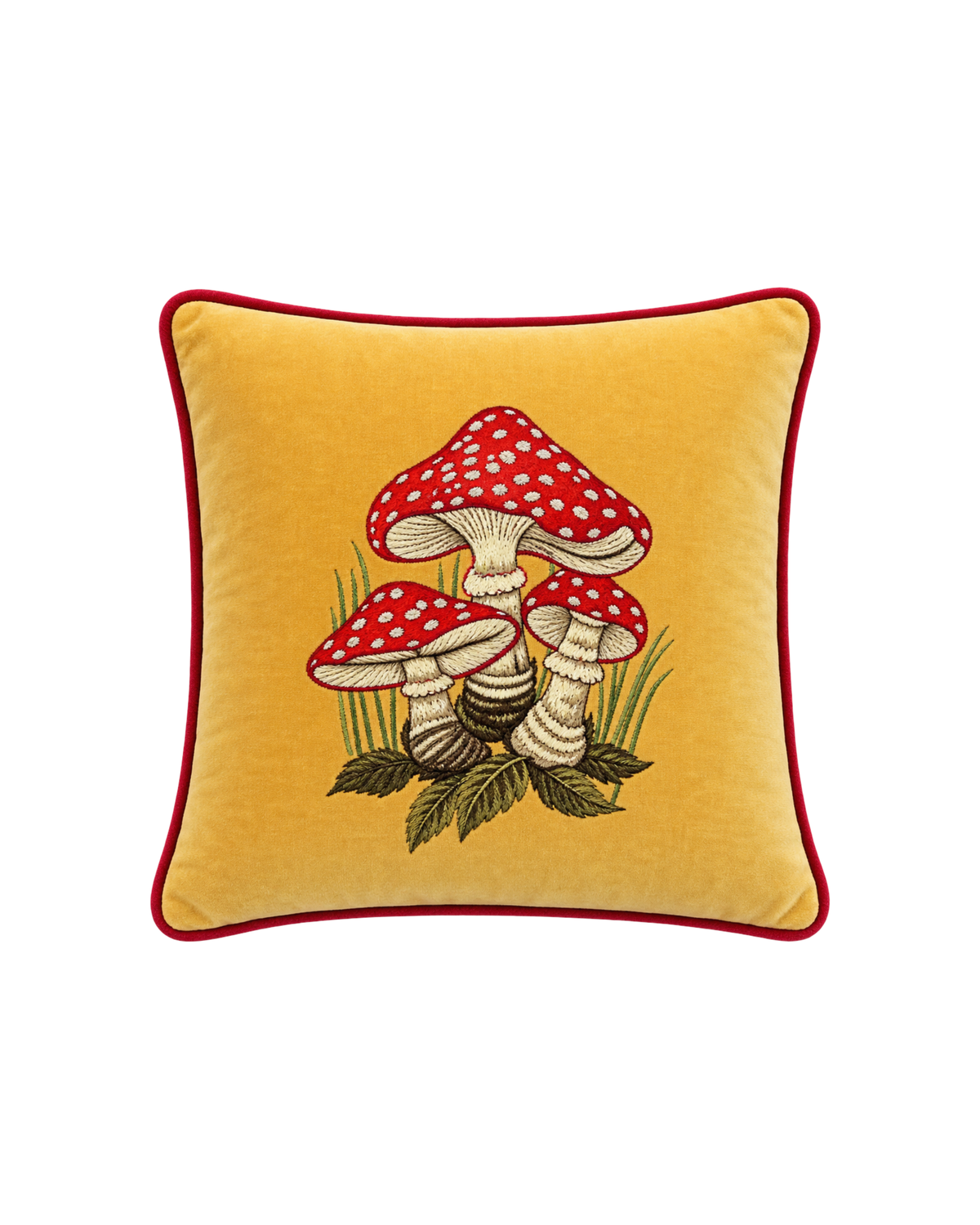 Velvet Cushion Mushroom Motif Mustard Yellow 50x50 cm