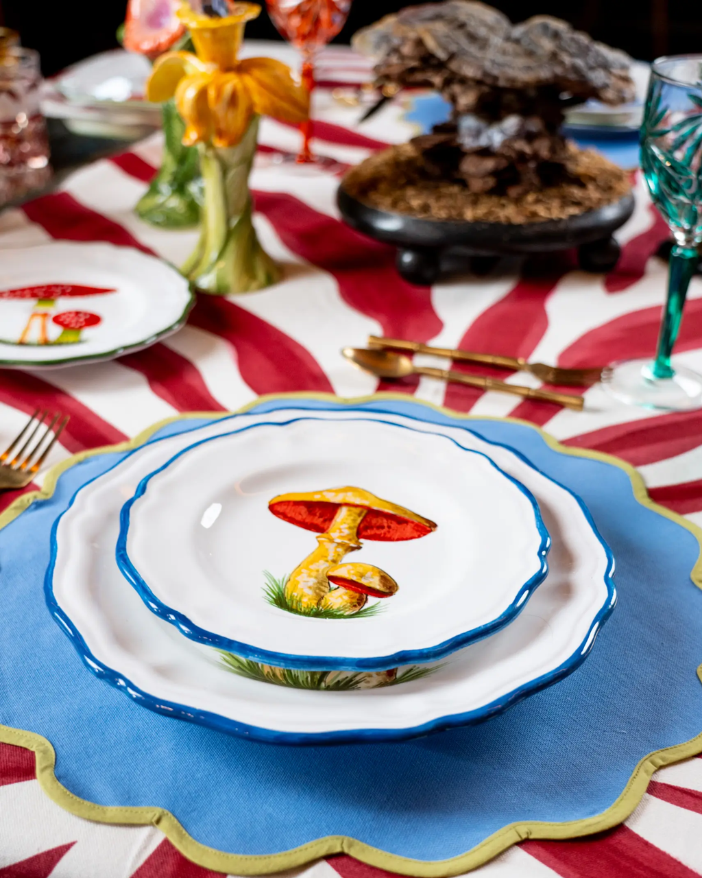 Dessert Plate Mushroom Motif Blue Hand-Painted Ceramic