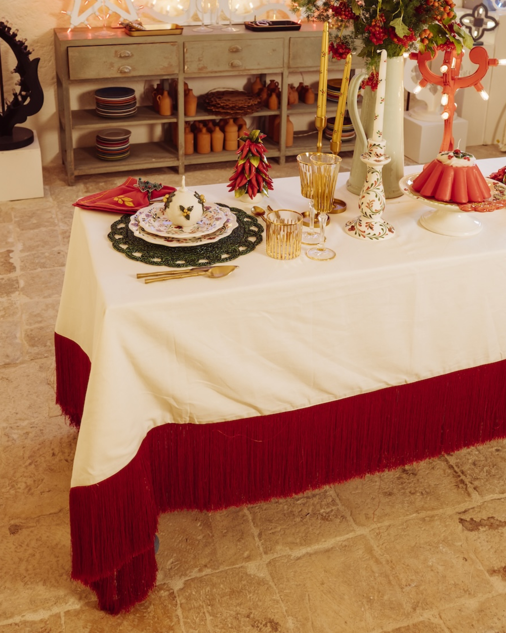 Fringed Cotton Tablecloth Red-White 250x150 cm