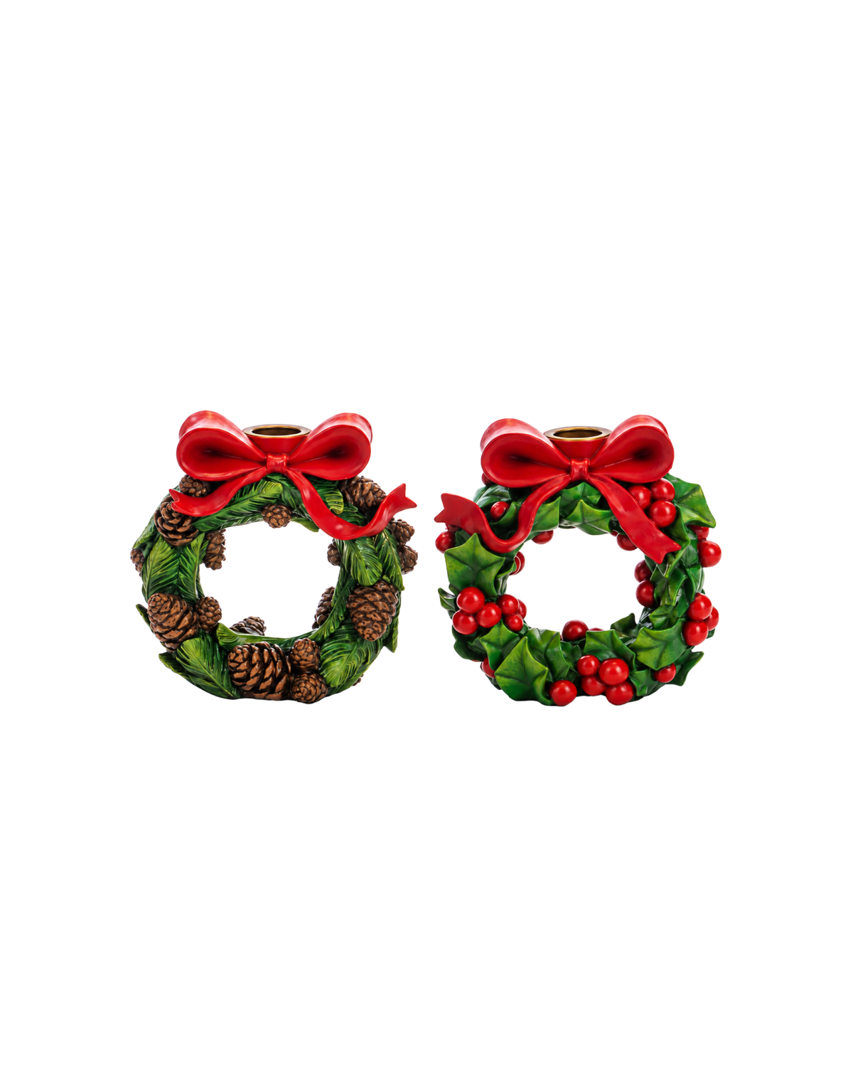 Kerzenhalter Kranz Ilex und Tannenzapfen Grün, 2er-Set