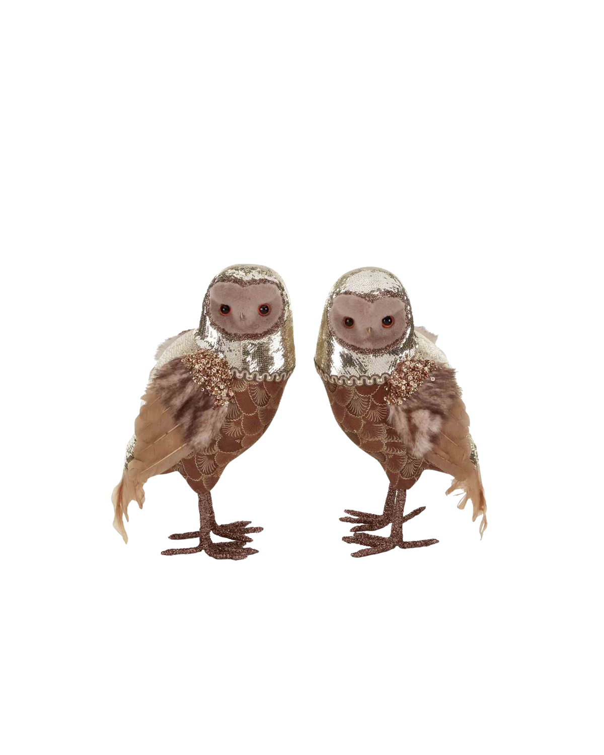 Eule Brokat mit Federn Gold, 2er Set