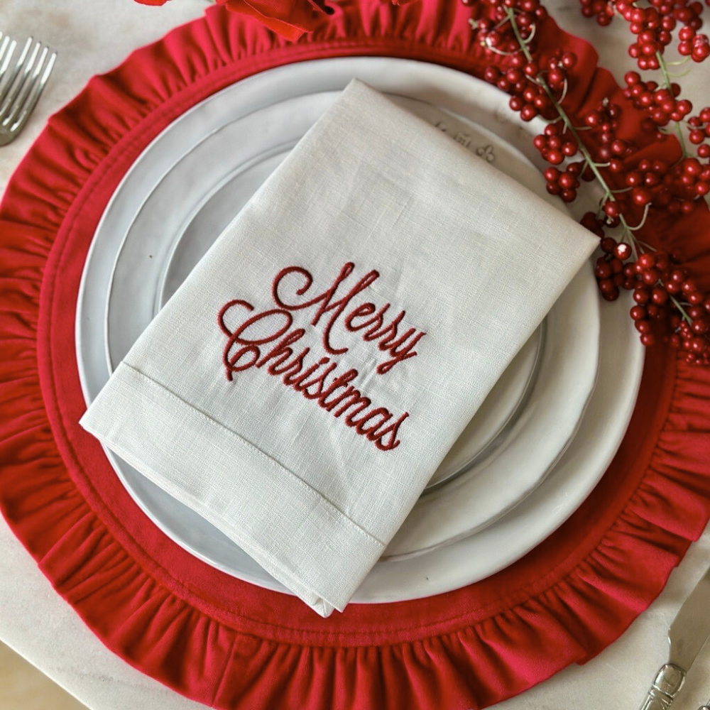 Merry Christmas Linen Napkin White (Set of 4)