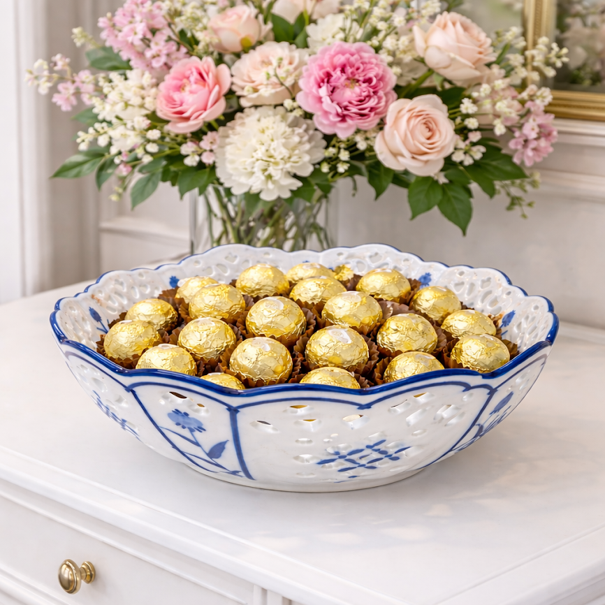 Porzellanschale Floral mit gewelltem Rand Blau-Weiß